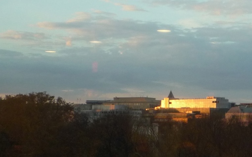 A reflected sunset seen from the meeting rooms at the National Museum of the American Indian in Washington, DC.